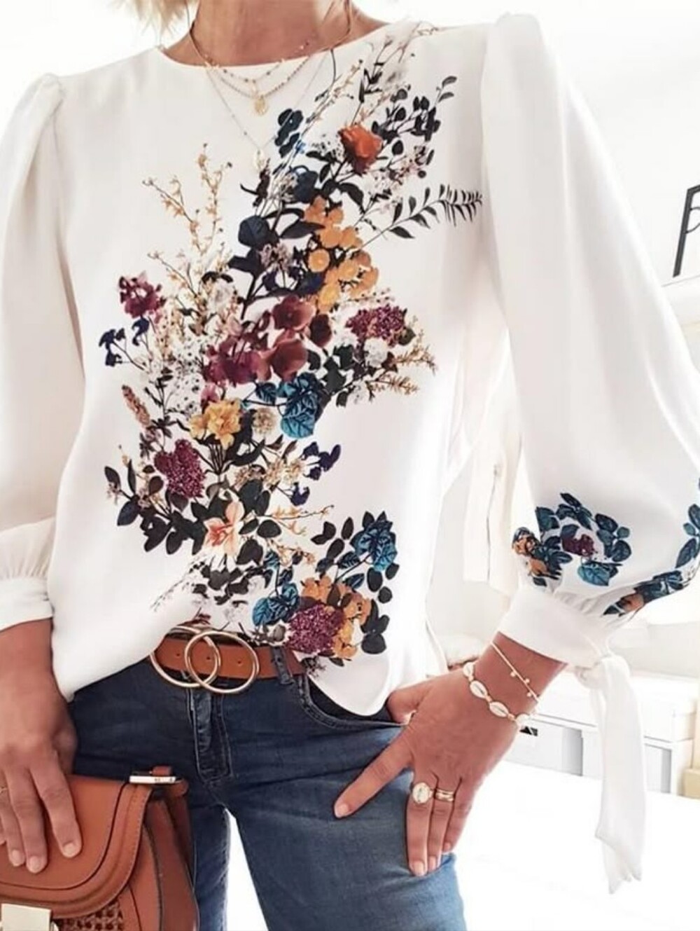Womens Floral Bouquet Print Lantern Sleeve Blouse ** Size Small